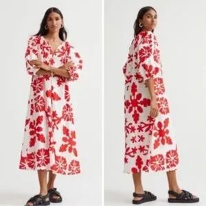 H&M Floral Red and White Floral Dress With Quilted Style 3/4 Sleeves